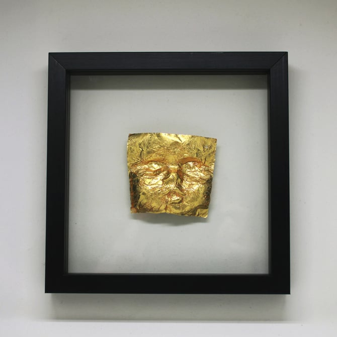 Imprinted Golden foil paper Framed from Cover-Discover Installation by Dana Bloom